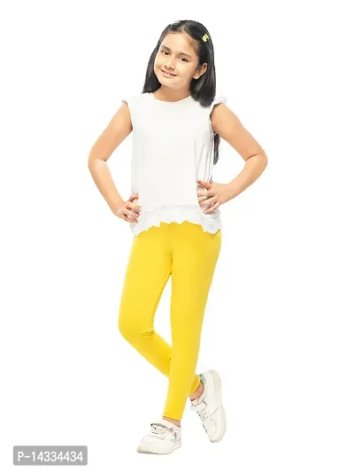 Alluring Yellow Cotton Solid Leggings For Girls