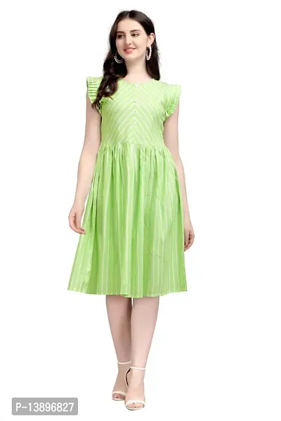 Stylish Green Lycra Striped A-Line Dress For Women
