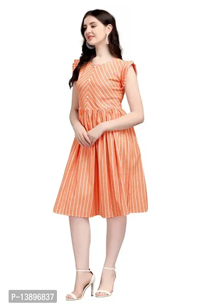 Stylish Orange Lycra Striped A-Line Dress For Women-thumb2