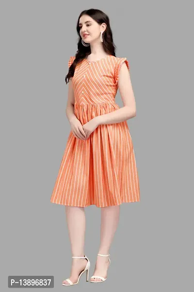 Stylish Orange Lycra Striped A-Line Dress For Women-thumb5