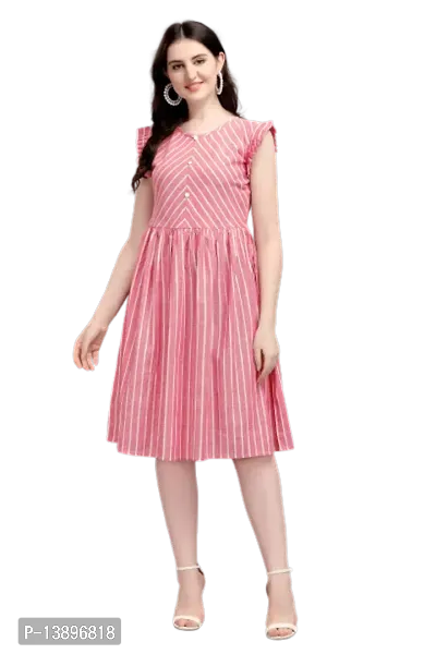 Stylish Pink Lycra Striped A-Line Dress For Women