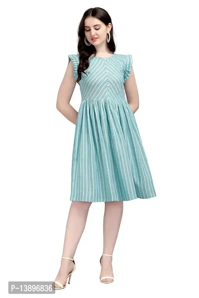 Stylish Sea Blue Lycra Striped A-Line Dress For Women