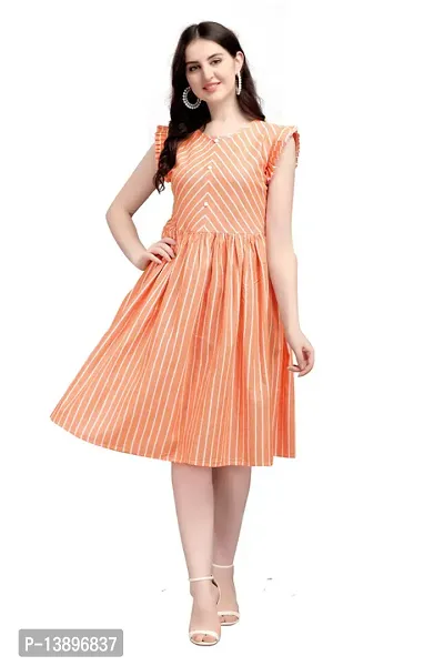 Stylish Orange Lycra Striped A-Line Dress For Women-thumb0