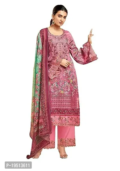 Elegant Pink Cotton Printed Dress Material With Dupatta For Women