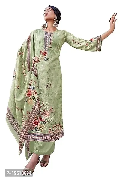 Elegant Green Cotton Printed Dress Material With Dupatta For Women-thumb0