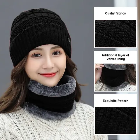 Women's Knitted Hat Scarf Cap with Neck Warmer Winter Hats For Men Women Skullies Beanies Warm Fleece Cap (Black)