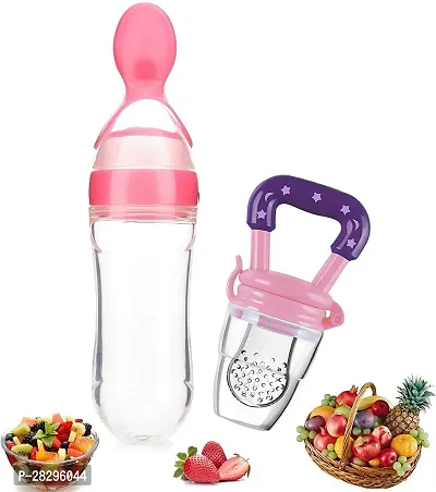 Irshayn Kidzghar Baby Safe Silicone Squeeze Fresh Food Feeder Bottle with Food Dispensing Spoon Infant Food Nibbler Teething Toy Feeding Pacifier Combo Pack of 2 Teether and Feeder Multicolor-thumb0
