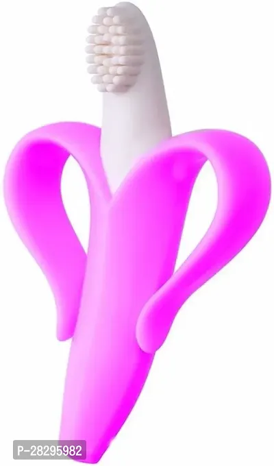 ApparelNation Premium Ultra Soft Bristle Baby Gum Massager Banana Teething Silicone Toothbrush Teether and Feeder Pink
