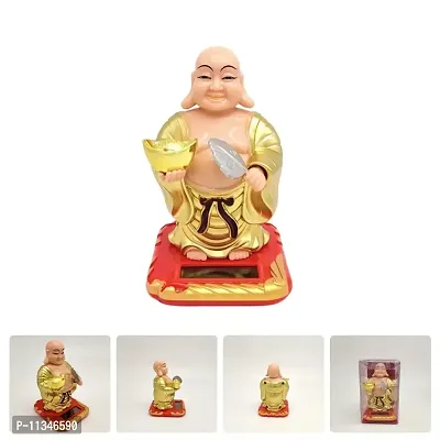 Blissful Polyresin Elegant Lifestyle Solar Laughing Buddha with Holding Ingot and Waving Fan Moving Head (Multicolour, 10 x 7 x 6 cm, Medium) showpiece-thumb5