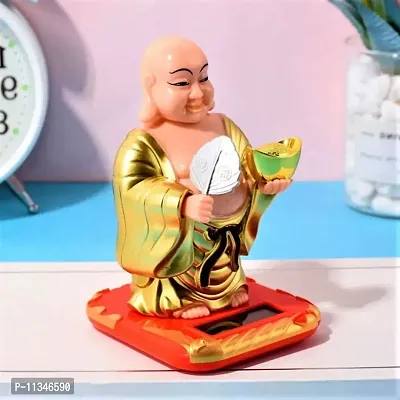 Blissful Polyresin Elegant Lifestyle Solar Laughing Buddha with Holding Ingot and Waving Fan Moving Head (Multicolour, 10 x 7 x 6 cm, Medium) showpiece