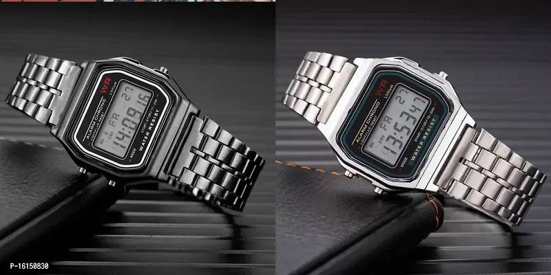 Azon 2 Combo Digital Black Silver Vintage Square Dial Unisex Water Resist Watch for Men Women Pack Of 2 (WR70)-thumb0