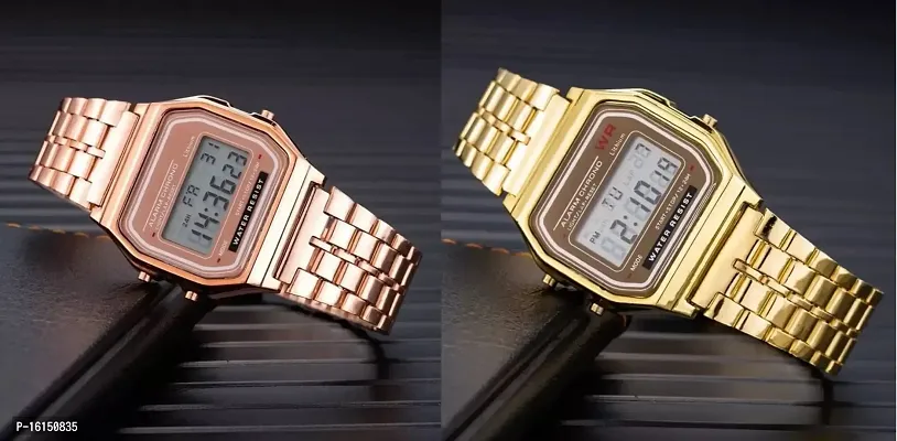 Azon 2 Combo Digital Gold RoseGold Vintage Square Dial Unisex Water Resist Watch for Men Women Pack Of 2 (WR70)-thumb0