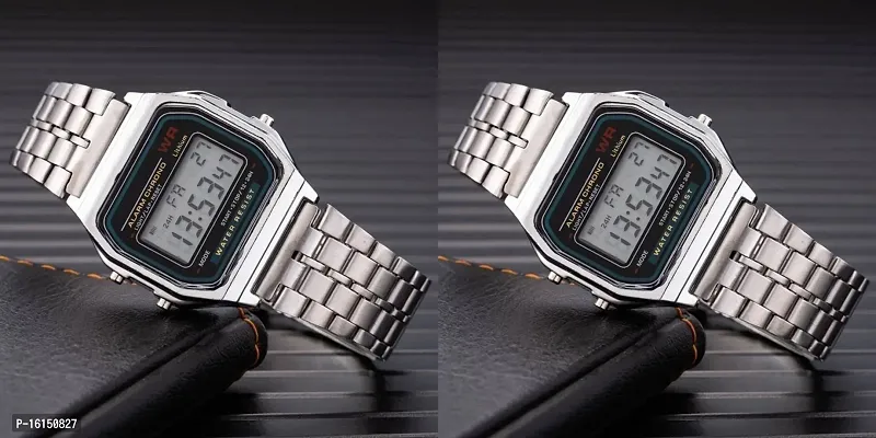 Azon 2 Combo Digital Silver Vintage Square Dial Unisex Water Resist Watch for Men Women Pack Of 2 (WR70)-thumb0