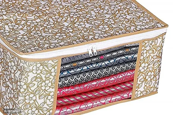 Azon Metalic Gold Design White Chain 9 Piece Non Woven Large Size Saree Cover Set Pack Of 9 Gold and White-thumb2