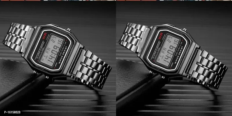 Azon 2 Combo Digital Black Vintage Square Dial Unisex Water Resist Watch for Men Women Pack Of 2 (WR70)-thumb0