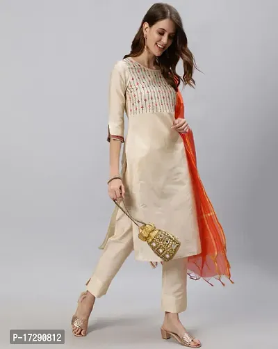 Trendy Cotton Off white Kurta, Bottom and Dupatta Set For Women