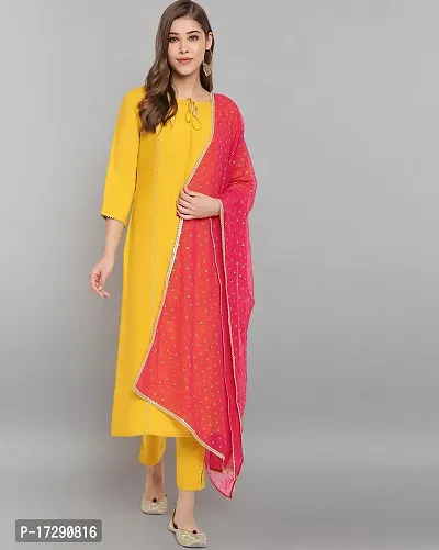 Trendy Cotton Yellow Kurta, Bottom and Dupatta Set For Women-thumb0