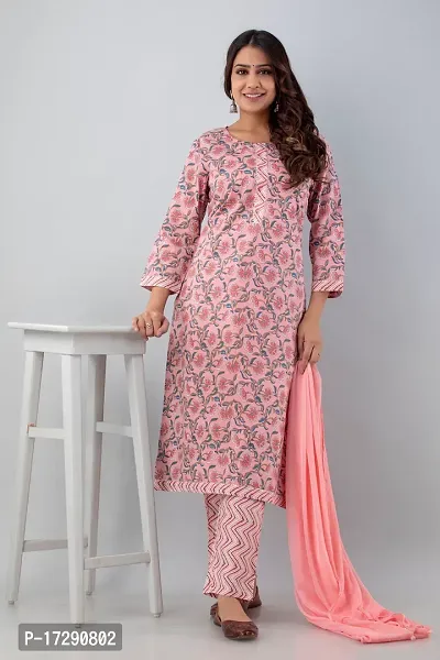 Trendy Cotton Pink Kurta, Bottom and Dupatta Set For Women