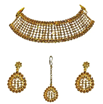 Fashion Wedding Collection Traditional Plated Choker Necklace Set With Earrings Maang Tika Jewellery Set For Women Girls