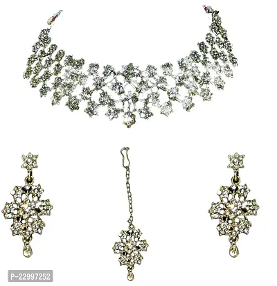 Silver Plated Leafy Design Choker Necklace Earring with Maangtikka jewellery set