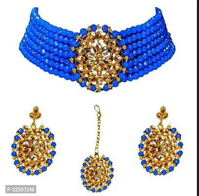 Traditional Crystal Choker Necklace Set For Women Beads Necklace For Women Maang Tikka With Earrings