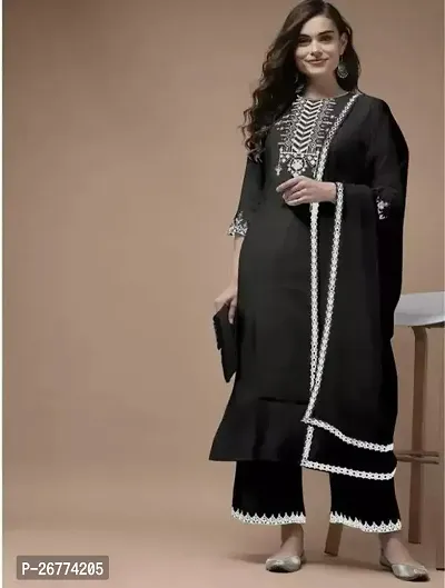 Elegant Rayon Embroidered Kurta with Bottom And Dupatta Set For Women-thumb0