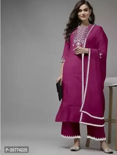 Elegant Rayon Embroidered Kurta with Bottom And Dupatta Set For Women-thumb0