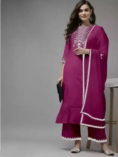 Elegant Rayon Embroidered Kurta with Bottom And Dupatta Set For Women