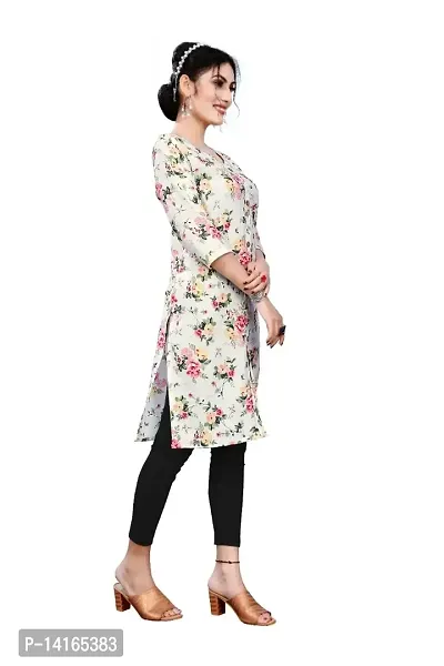 Sa nd Chi Women's Beautiful Casual Wear Crepe Printed 3/4 Sleeve Knee Length Round Neck Kurti (Large, Beige)-thumb4