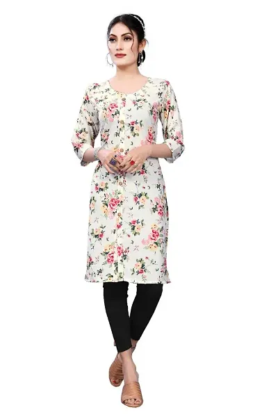 Sa nd Chi Women's Beautiful Casual Wear Crepe 3/4 Sleeve Knee Length Round Neck Kurti (Large, Beige)