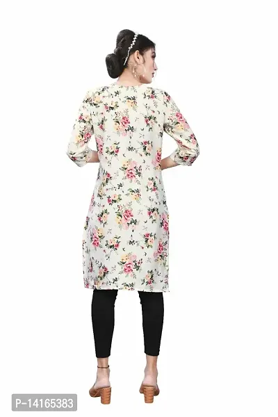 Sa nd Chi Women's Beautiful Casual Wear Crepe Printed 3/4 Sleeve Knee Length Round Neck Kurti (Large, Beige)-thumb2