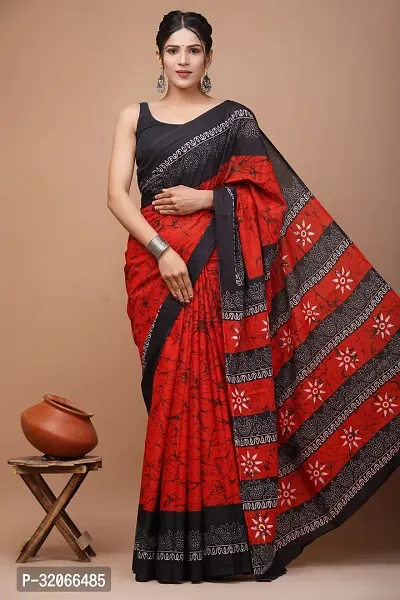 Stylish Cotton Printed Saree With Blouse Piece For Women-thumb0