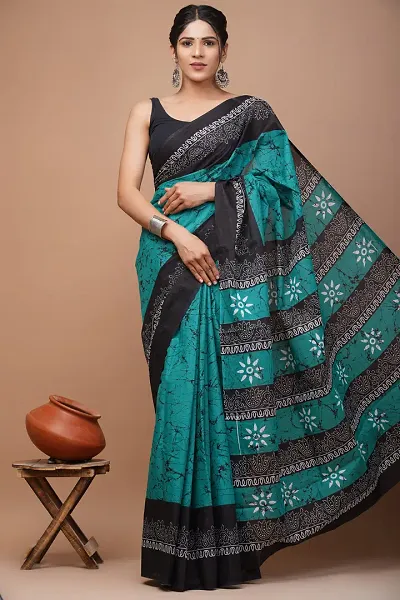 Bagru Printed Cotton Mulmul Sarees with Blouse Piece