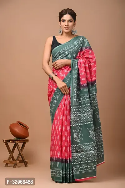 Stylish Cotton Printed Saree With Blouse Piece For Women-thumb0