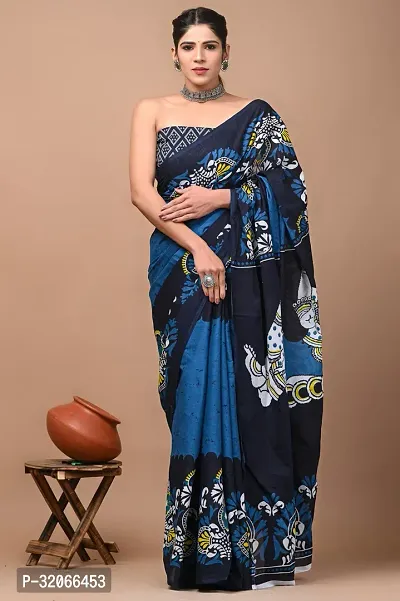 Stylish Cotton Printed Saree With Blouse Piece For Women-thumb0