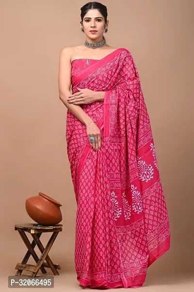 Stylish Cotton Printed Saree With Blouse Piece For Women-thumb0