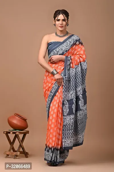 Stylish Cotton Printed Saree With Blouse Piece For Women-thumb0