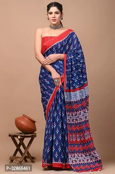 Stylish Cotton Printed Saree With Blouse Piece For Women-thumb0