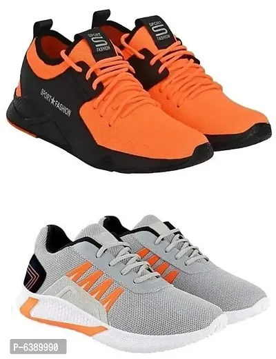 Stylish Mesh Grey and Orange Running Sports Shoes For Men Pack of 2