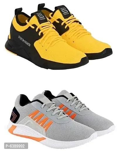 Stylish Mesh Grey and Yellow Running Sports Shoes For Men Pack of 2