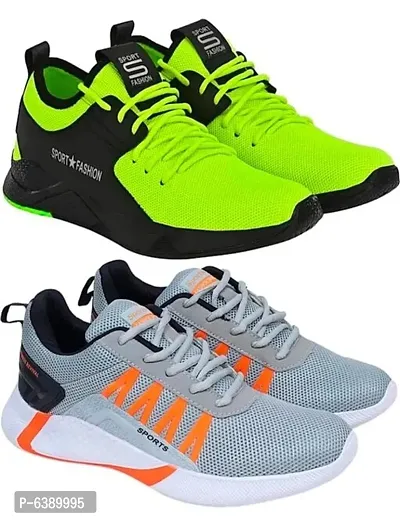 Stylish Mesh Grey and Green Running Sports Shoes For Men Pack of 2