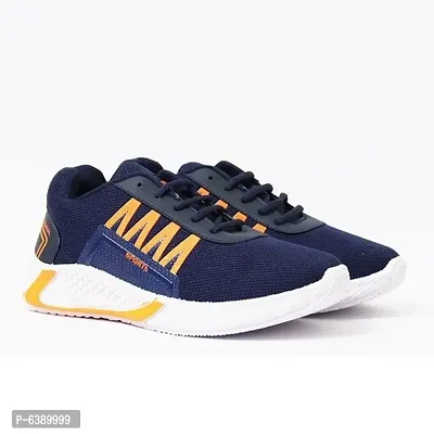 Stylish Mesh Navy Blue Lace-Up Running Sports Shoes For Men-thumb0