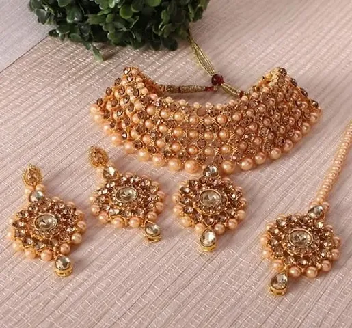 Designer Style Alloy Artificial Stone And Pearl Work Jewellery Set