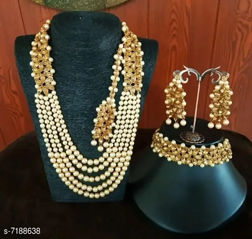 Elegant Designer Pearl Kundan Long Necklace Set With Maangtika