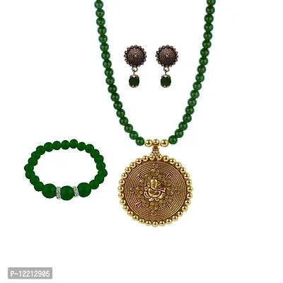 ADF Fashion Gold German Silver Ganesha Oxidised Pendant with Onyx Beaded Necklace Set and Bracelet for Women and Girls (Green)-thumb0