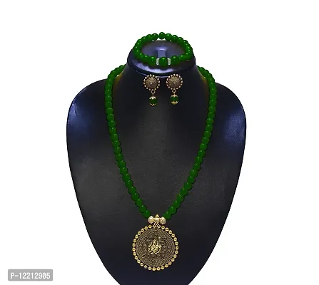 ADF Fashion Gold German Silver Ganesha Oxidised Pendant with Onyx Beaded Necklace Set and Bracelet for Women and Girls (Green)-thumb5