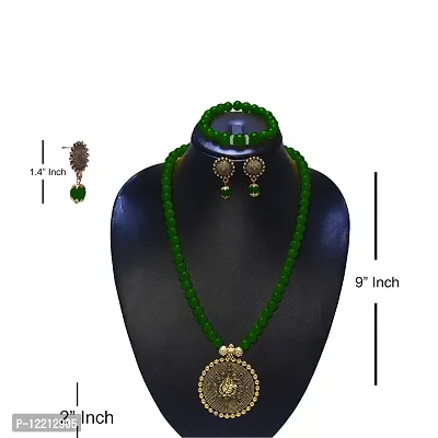 ADF Fashion Gold German Silver Ganesha Oxidised Pendant with Onyx Beaded Necklace Set and Bracelet for Women and Girls (Green)-thumb2