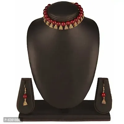 Oxidised Gold Trational Necklace and Earring  With adjustable Dori for Women and Girls(Maroon)-thumb0