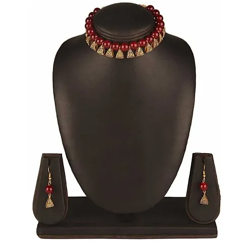 Oxidised Trational Necklace and Earring With adjustable Dori for Women and Girls(Maroon)