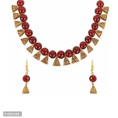 Oxidised Gold Trational Necklace and Earring  With adjustable Dori for Women and Girls(Maroon)-thumb3